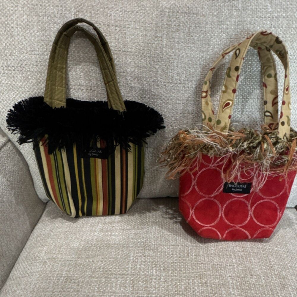 Lot of 2 Bagolitas by Janice Multicolor Fringe Small Striped Polka Dot Tote Bags